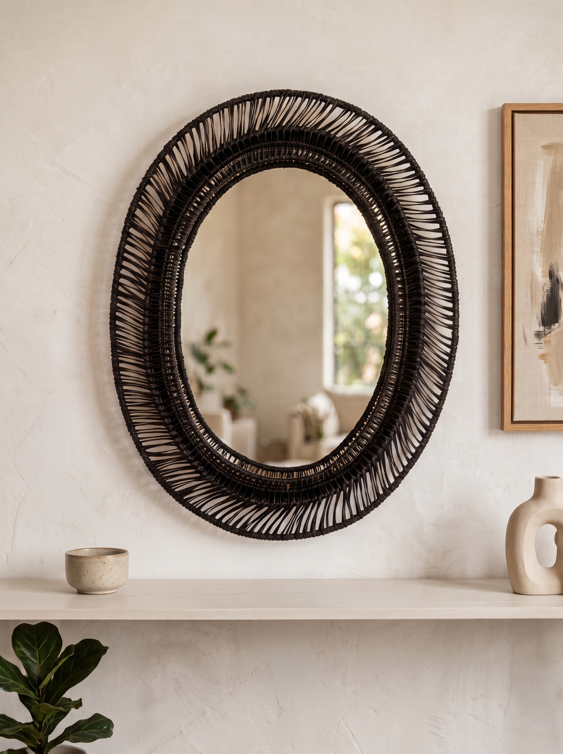 Naaga Katu Large Cane Mirror - Charcoal